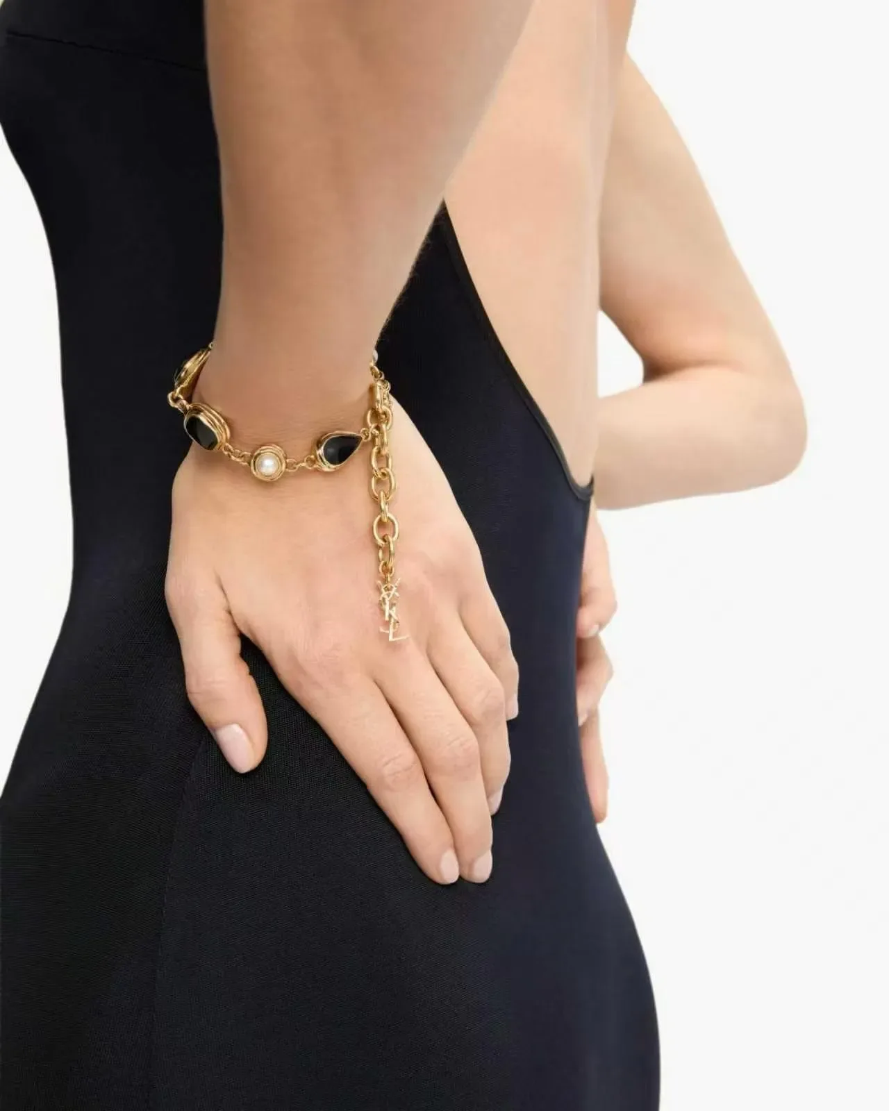 Saint Laurent Gold-Tone Black Stone and Pearl Link Bracelet 2