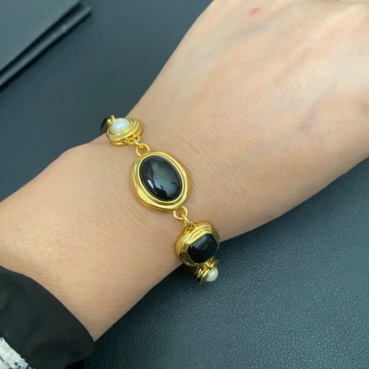 Saint Laurent Gold-Tone Black Stone and Pearl Link Bracelet 3