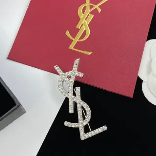 Saint Laurent Monogram Brooch Crystal-Encrusted Silver-Tone YSL Brooch