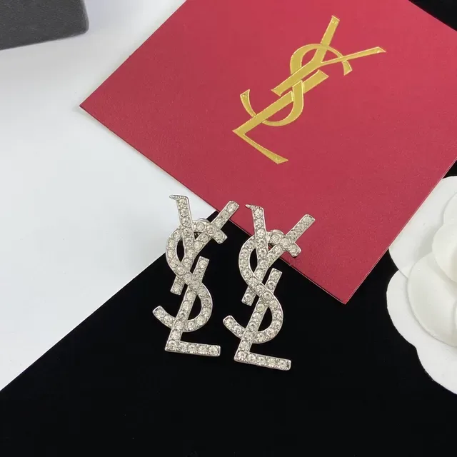 Saint Laurent Monogram Brooch Crystal-Encrusted Silver-Tone YSL Brooch 3