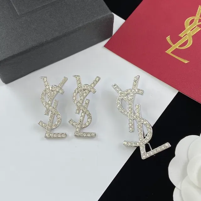 Saint Laurent Monogram Brooch Crystal-Encrusted Silver-Tone YSL Brooch 8