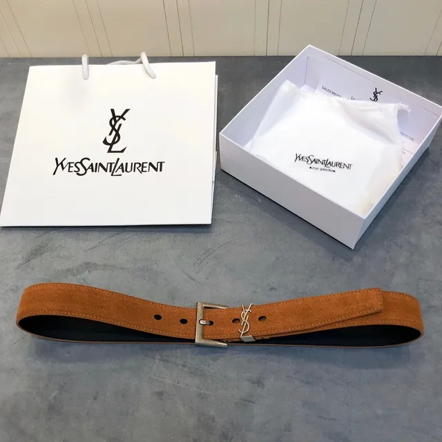 Saint Laurent Monogram Buckle टैन सूड लेदर बेल्ट 4