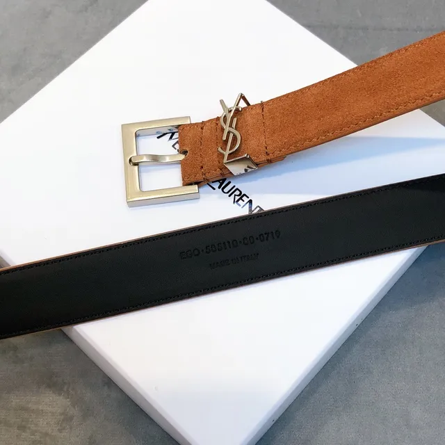 Saint Laurent Monogram Buckle टैन सूड लेदर बेल्ट 6