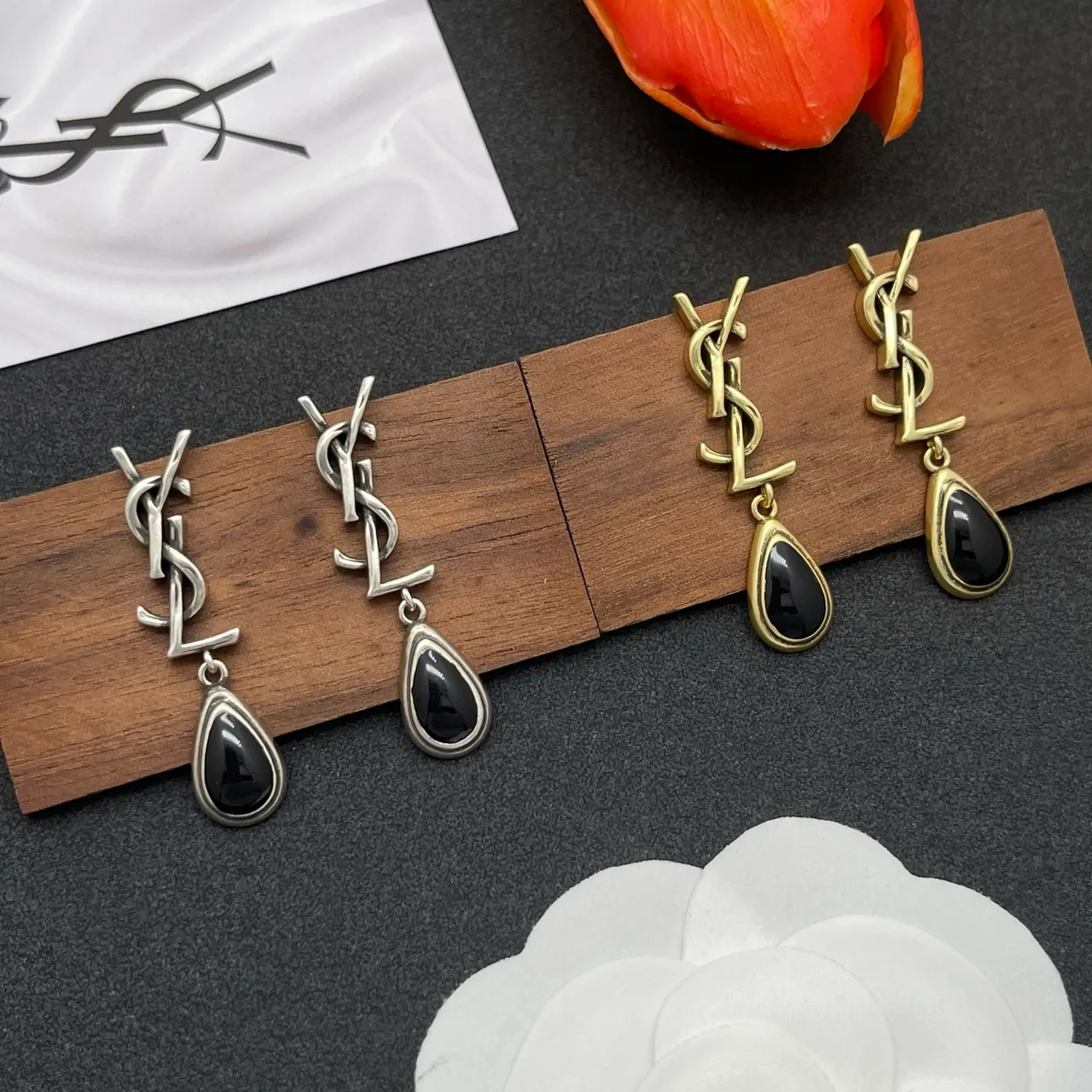 Saint Laurent Monogram Logo Drop Silver Black Stud Teardrop Pendant Earrings 2