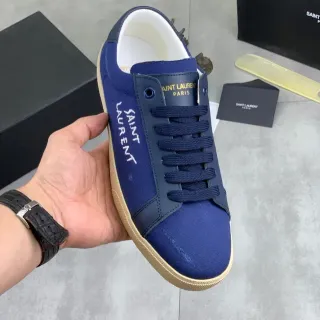 Saint Laurent नेवी बीज कैनवास अपर वर्टिकल साइड एम्ब्रॉयडरी लाइफस्टाइल स्नीकर