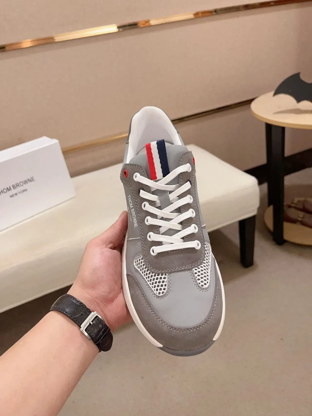 Thom Browne Gray White Mixed-Material Upper Mesh Ventilation Panel Sneakers 2