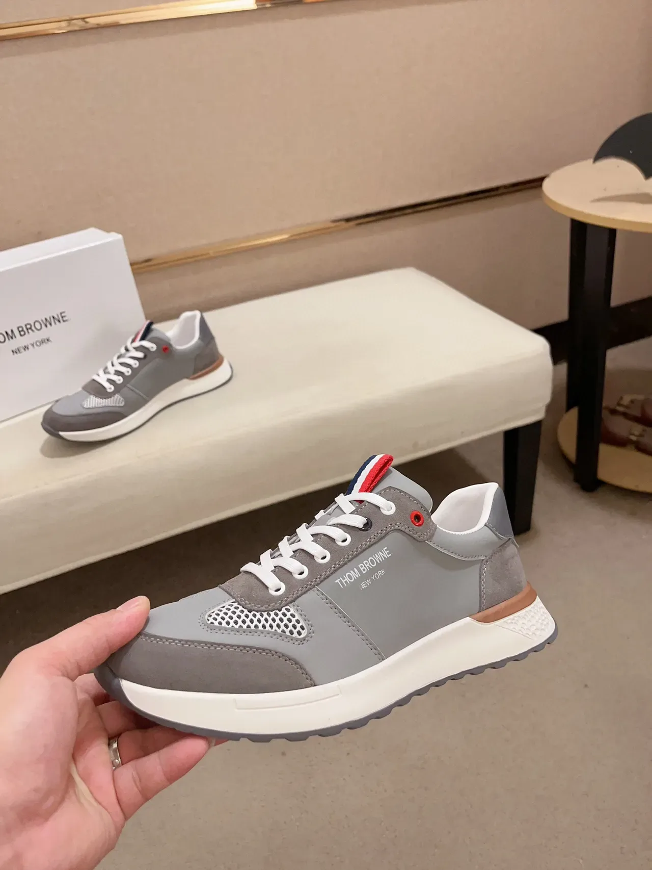 Thom Browne Gray White Mixed-Material Upper Mesh Ventilation Panel Sneakers 3