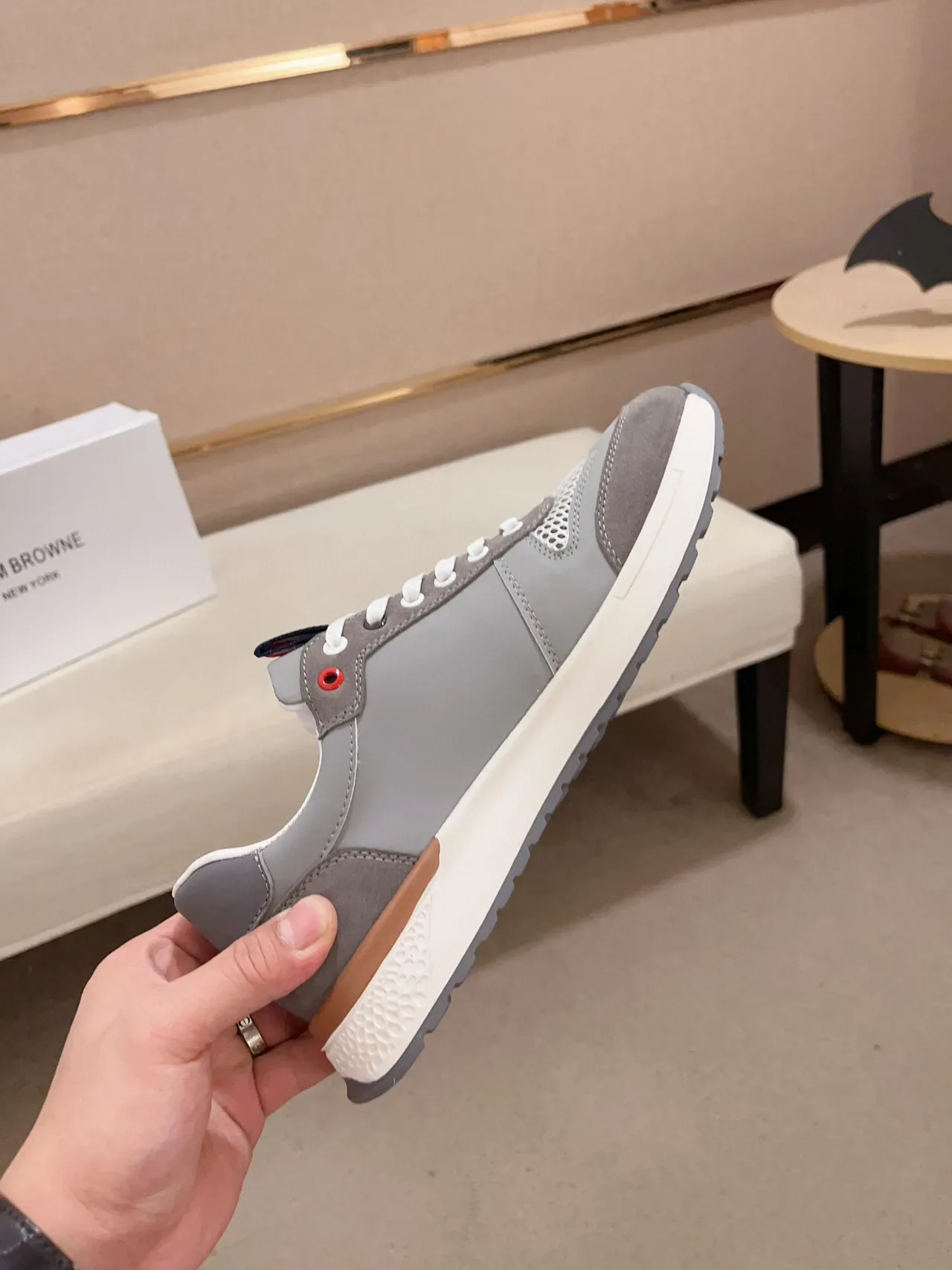Thom Browne Gray White Mixed-Material Upper Mesh Ventilation Panel Sneakers 5