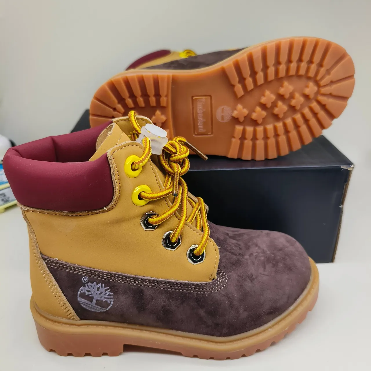 Timberland Premium 6-Inch Tan and Navy Work Boots 6
