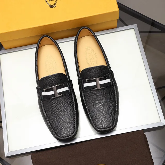 Tod's Gommino 乐福鞋 黑色白色纹理皮革 H-Bar Metal Buckle 乐福鞋 8