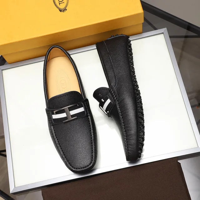 Tod's Gommino 乐福鞋 黑色白色纹理皮革 H-Bar Metal Buckle 乐福鞋 9