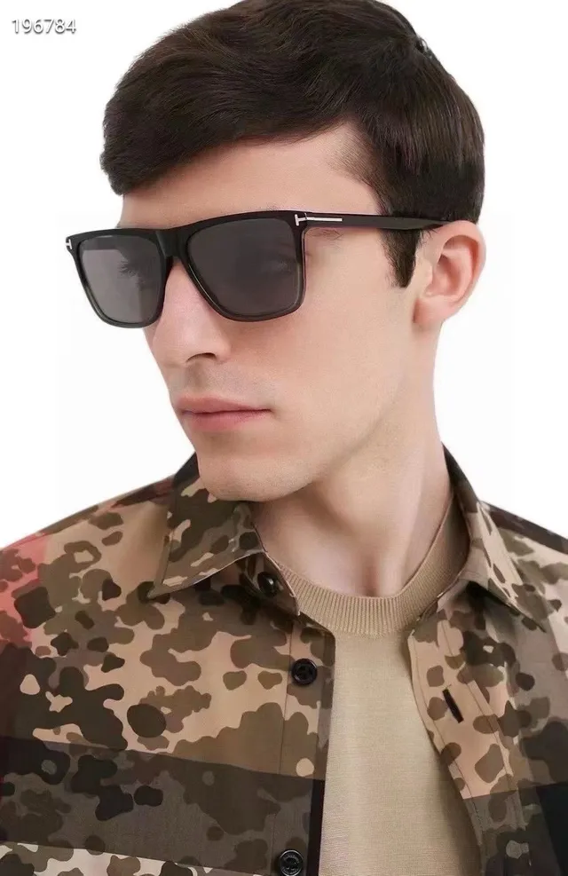 Tom Ford Square Black Brown Rectangular Acetate Frames Gold T-Logo Temples Sunglasses 4