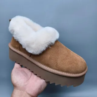 UGG Brown Beige Suede Upper Folded Shearling Collar Snow Boots