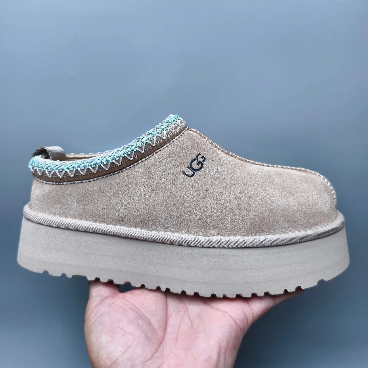 UGG Tasman Beige Blue Suede Upper Braided Collar Trim Loafer 2