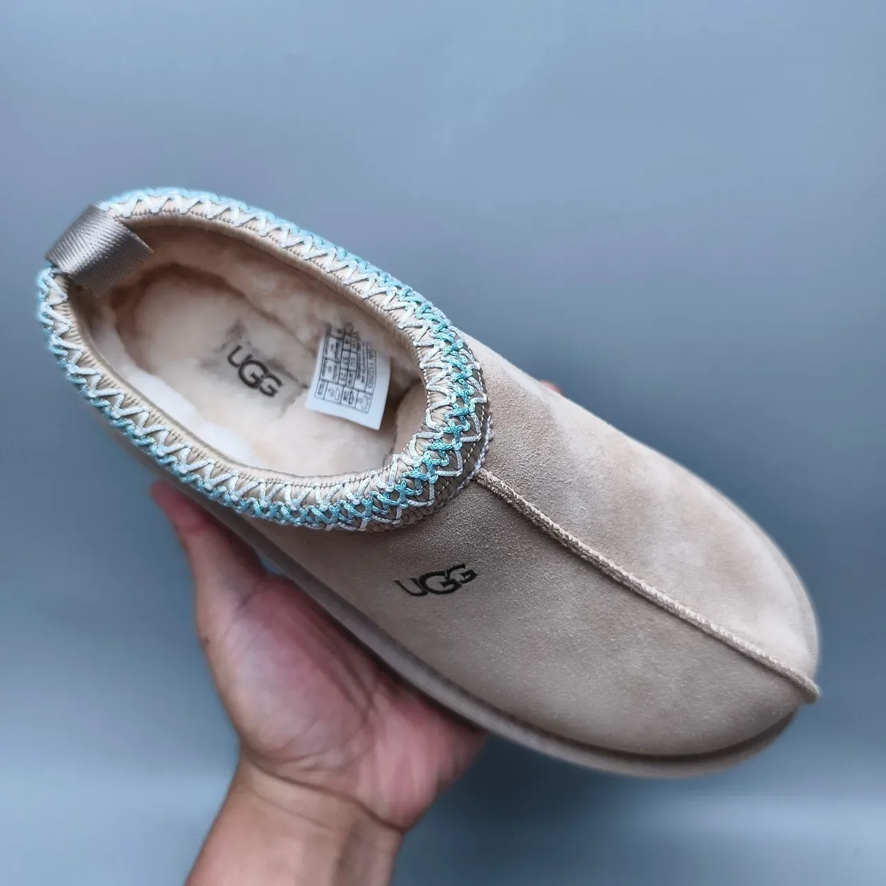 UGG Tasman Beige Blue Suede Upper Braided Collar Trim Loafer 3