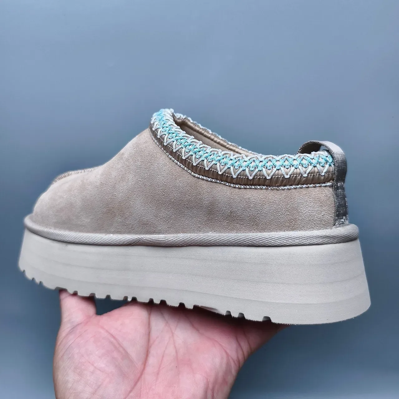 UGG Tasman Beige Blue Suede Upper Braided Collar Trim Loafer 4