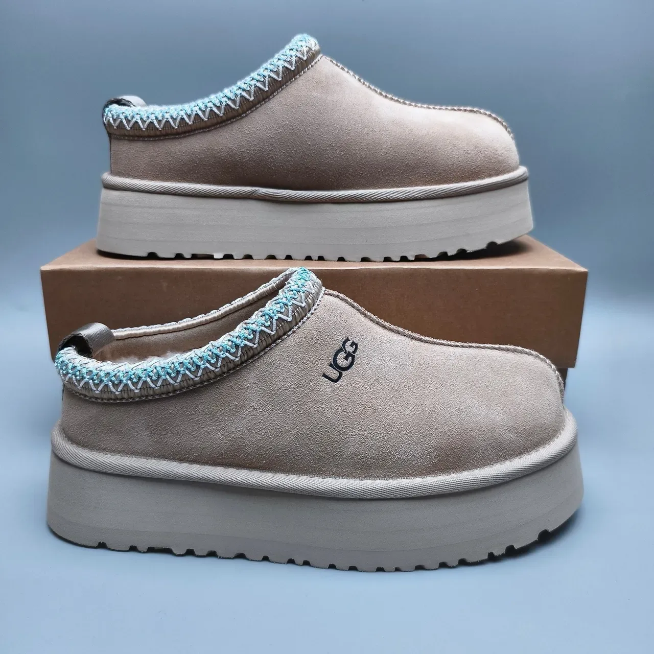UGG Tasman Beige Blue Suede Upper Braided Collar Trim Loafer 5