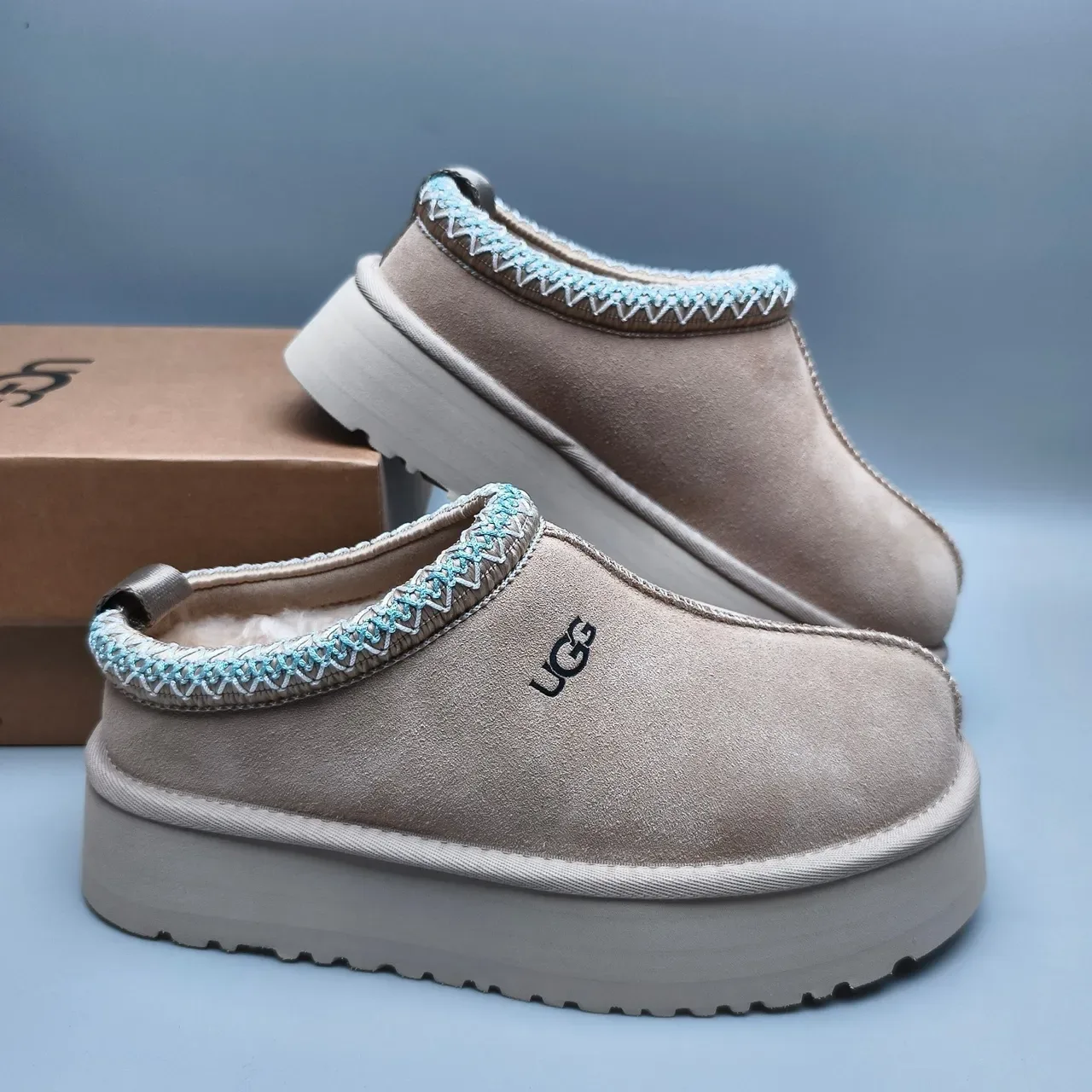 UGG Tasman Beige Blue Suede Upper Braided Collar Trim Loafer 6