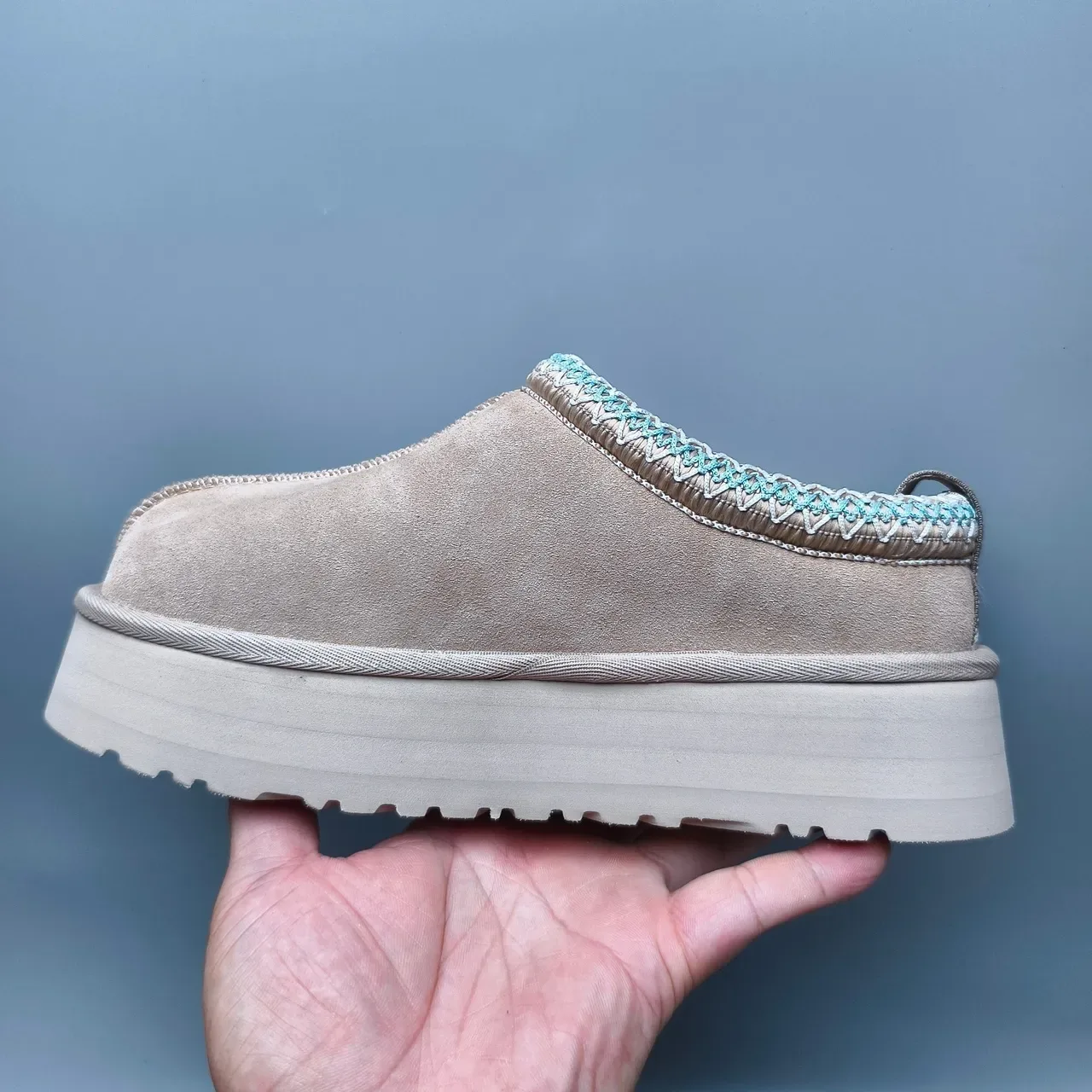 UGG Tasman Beige Blue Suede Upper Braided Collar Trim Loafer 7
