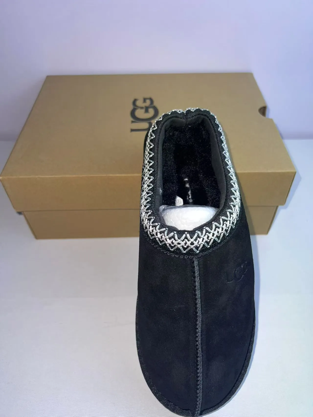 UGG Tasman Black White Suede-Like Upper Woven Contrast Trim Slippers 3