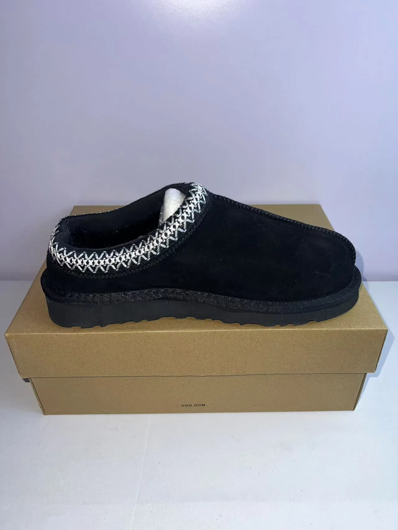 UGG Tasman Black White Suede-Like Upper Woven Contrast Trim Slippers 4