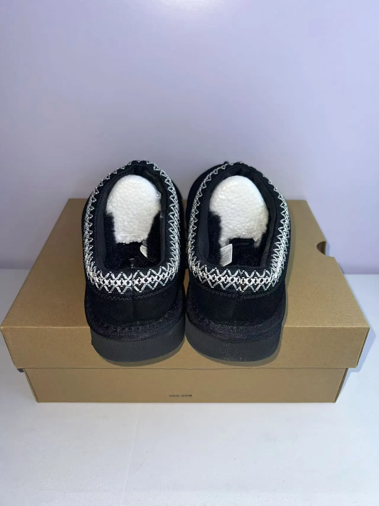 UGG Tasman Black White Suede-Like Upper Woven Contrast Trim Slippers 5