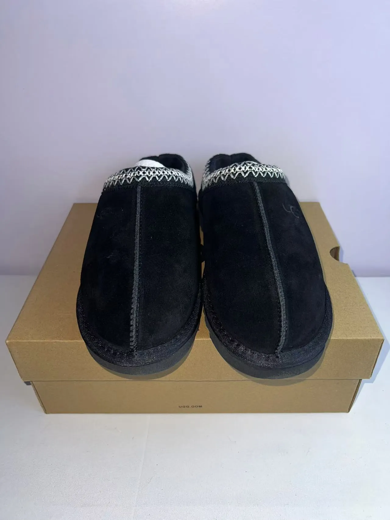 UGG Tasman Black White Suede-Like Upper Woven Contrast Trim Slippers 6