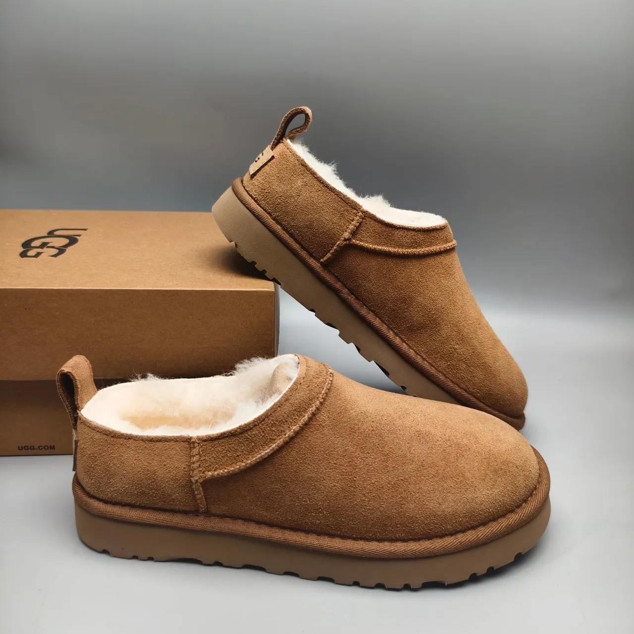 UGG Tasman Marrom Bege Camurça Superior Forro de Pelos Sapatos Casuais 6