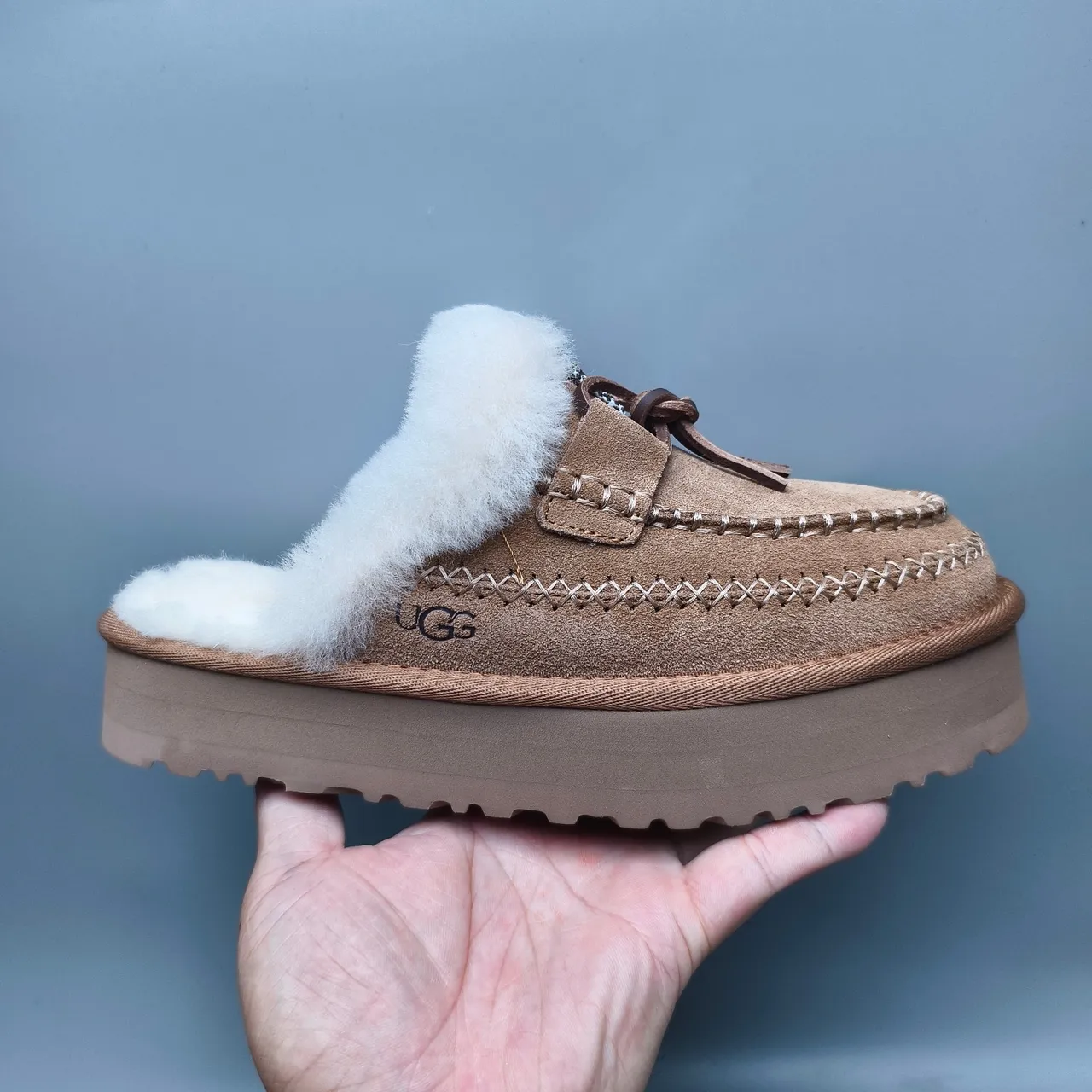 UGG Tasman Brown White Shearling-Lined Suede Moccasin-Stitched Casual Shoes 2
