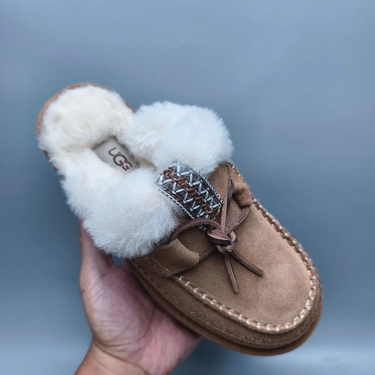UGG Tasman Brown White Shearling-Lined Suede Moccasin-Stitched Casual Shoes 3