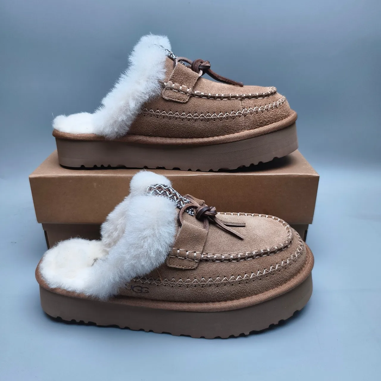 UGG Tasman Brown White Shearling-Lined Suede Moccasin-Stitched Casual Shoes 5