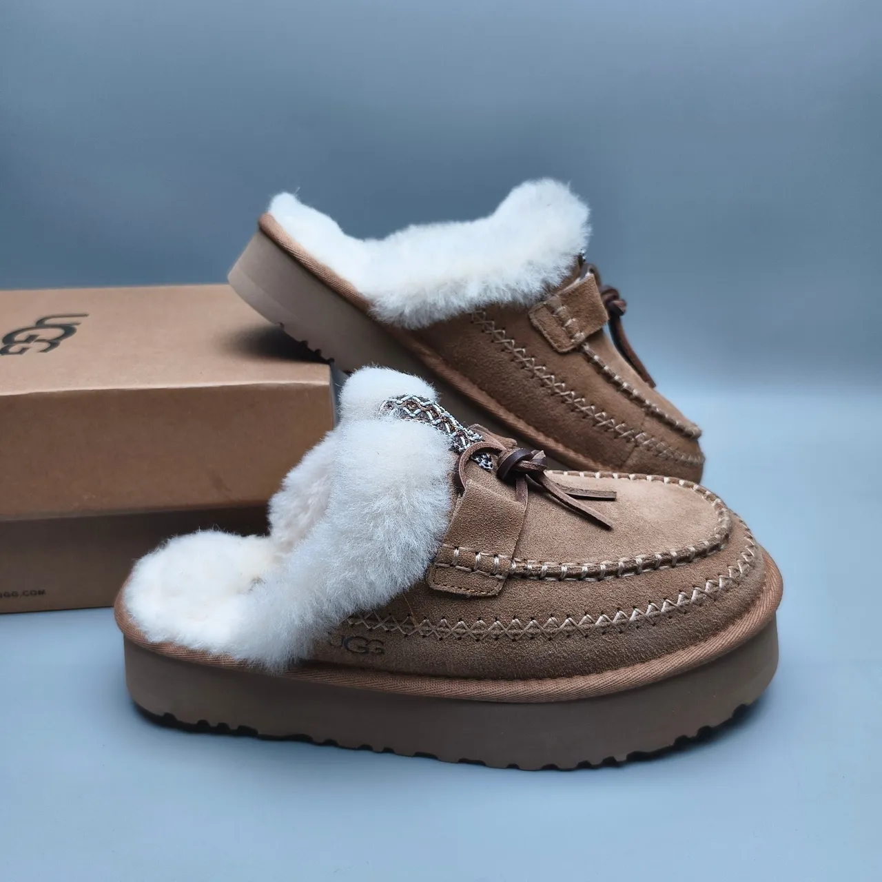 UGG Tasman Brown White Shearling-Lined Suede Moccasin-Stitched Casual Shoes 6