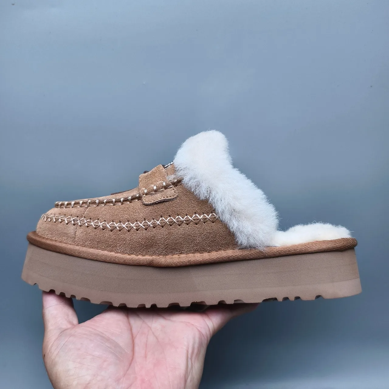 UGG Tasman Brown White Shearling-Lined Suede Moccasin-Stitched Casual Shoes 7