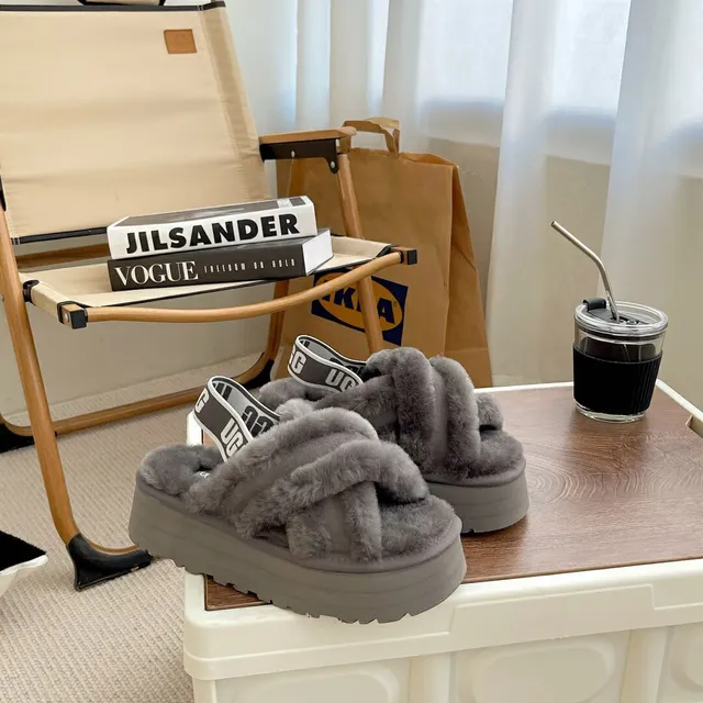 UGG Tasman Gray Fuzzy Crisscross Platform Slippers 2