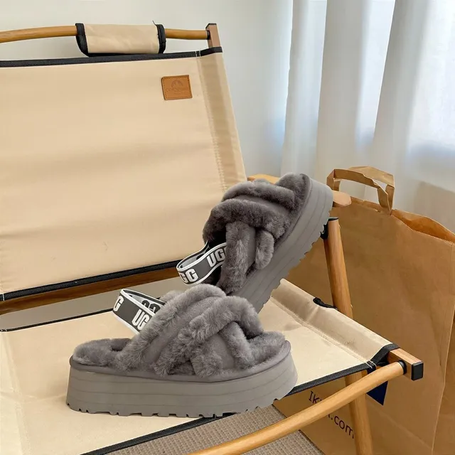 UGG Tasman Gray Fuzzy Crisscross Platform Slippers 4