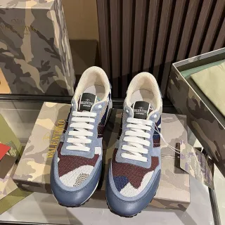Valentino Camouflage Knit and Blue Leather Lifestyle Sneakers