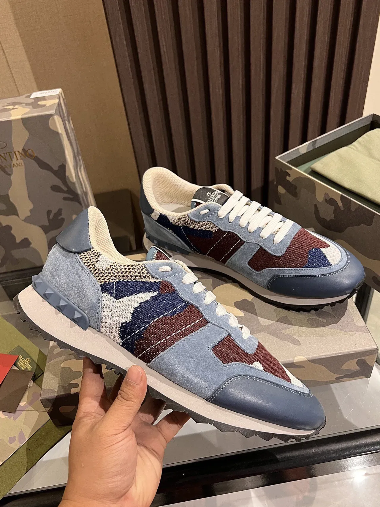 Valentino Camouflage Knit and Blue Leather Lifestyle Sneakers 6