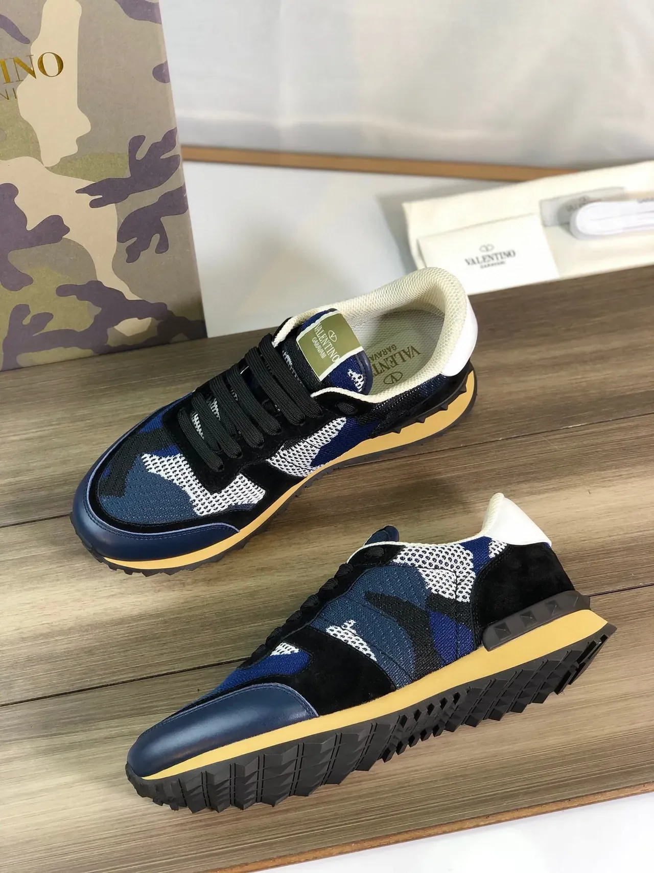 Valentino Navy Black Camouflage Knit Upper Suede Overlays Lifestyle Sneakers 6
