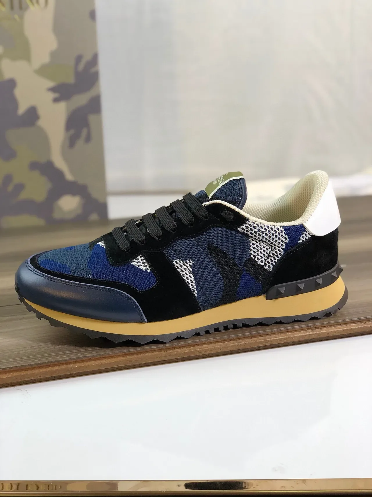 Valentino Navy Black Camouflage Knit Upper Suede Overlays Lifestyle Sneakers 9
