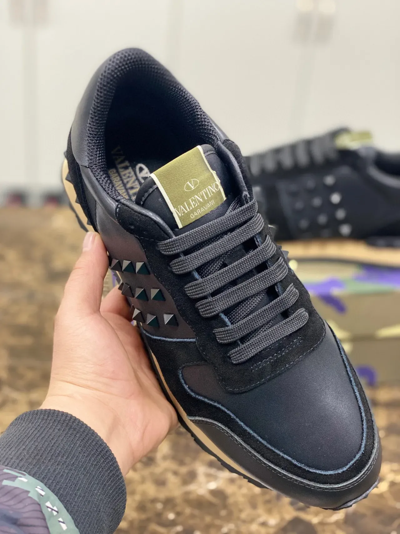 Valentino Rockstud Black Leather and Suede Pyramid Stud Lifestyle Sneakers 3