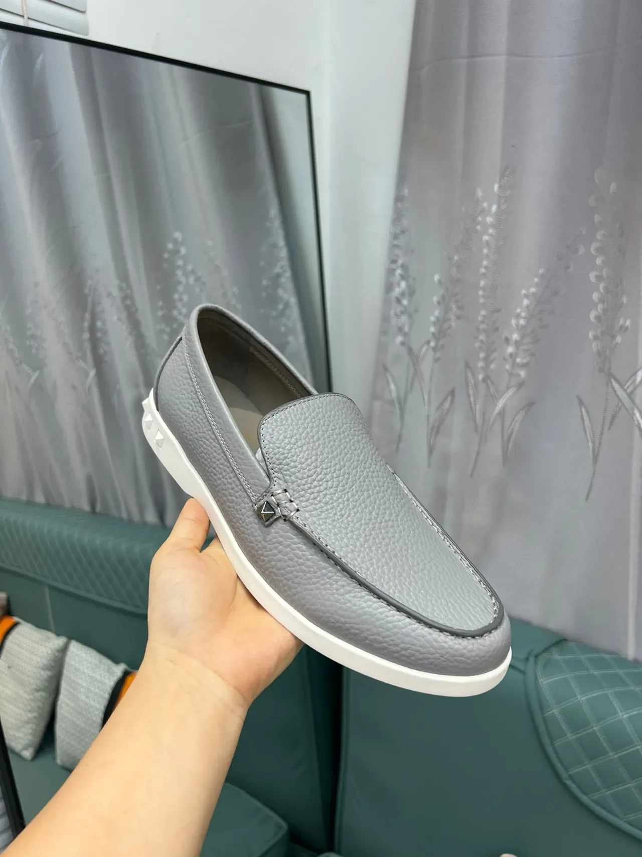 Valentino Rockstud Loafer Light Gray Pebbled Leather Slip-On Loafers 2