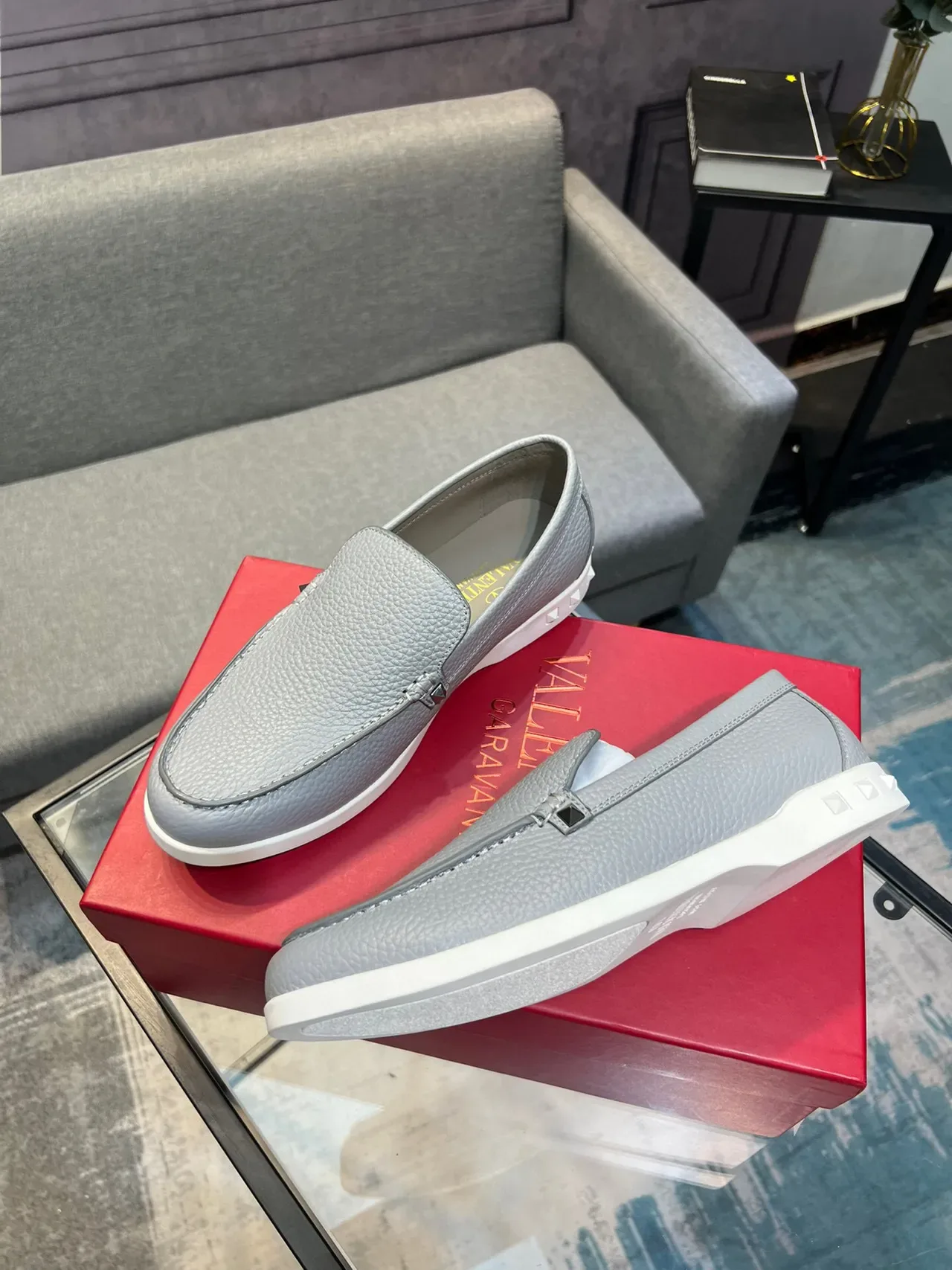 Valentino Rockstud Loafer Light Gray Pebbled Leather Slip-On Loafers 3