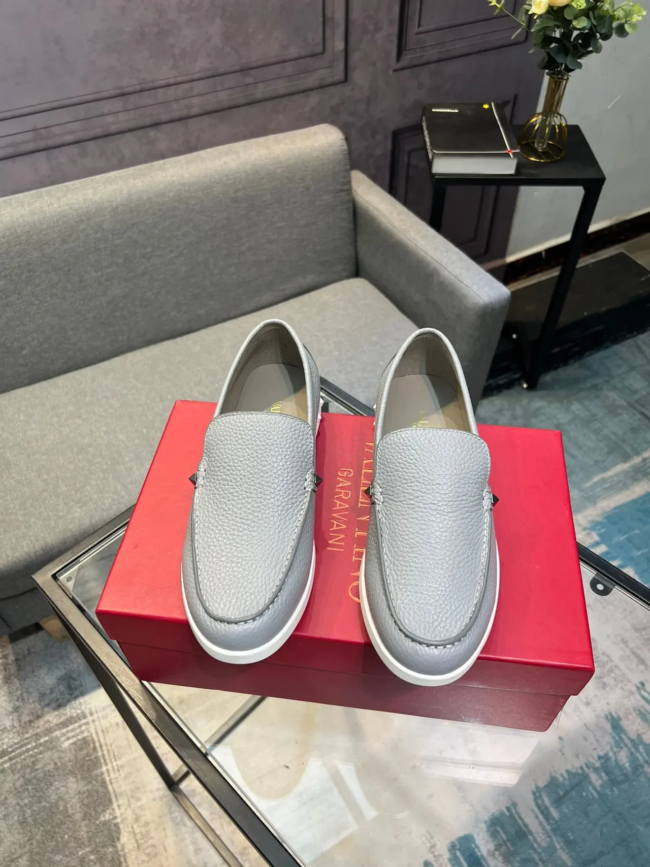 Valentino Rockstud Loafer Light Gray Pebbled Leather Slip-On Loafers 4
