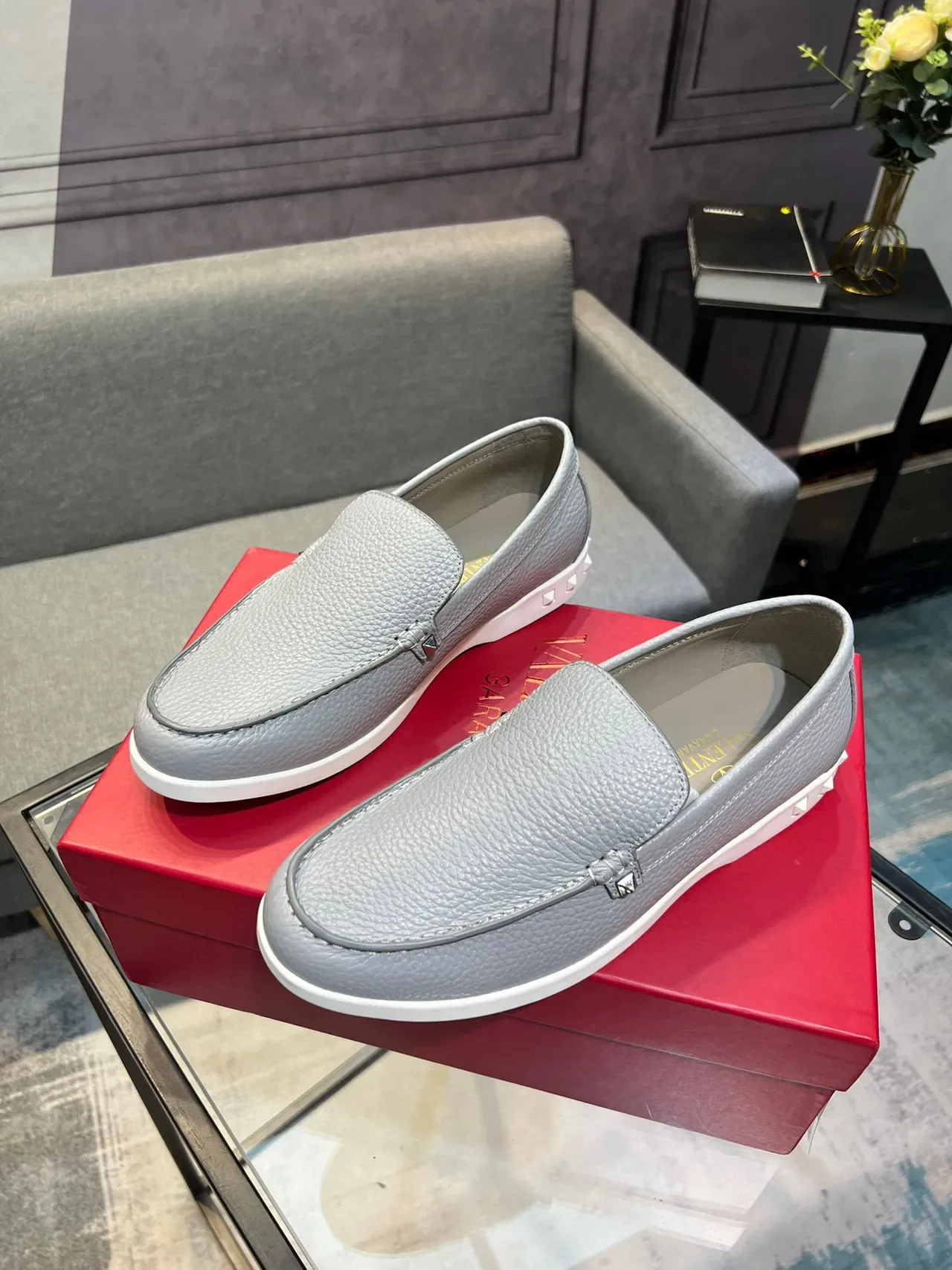 Valentino Rockstud Loafer Light Gray Pebbled Leather Slip-On Loafers 5