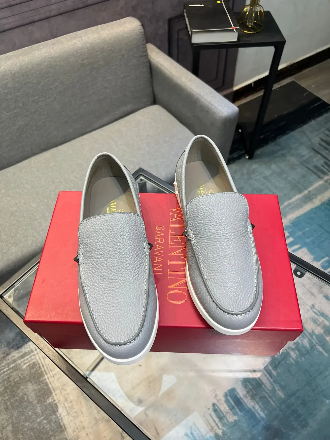 Valentino Rockstud Loafer Light Gray Pebbled Leather Slip-On Loafers 6