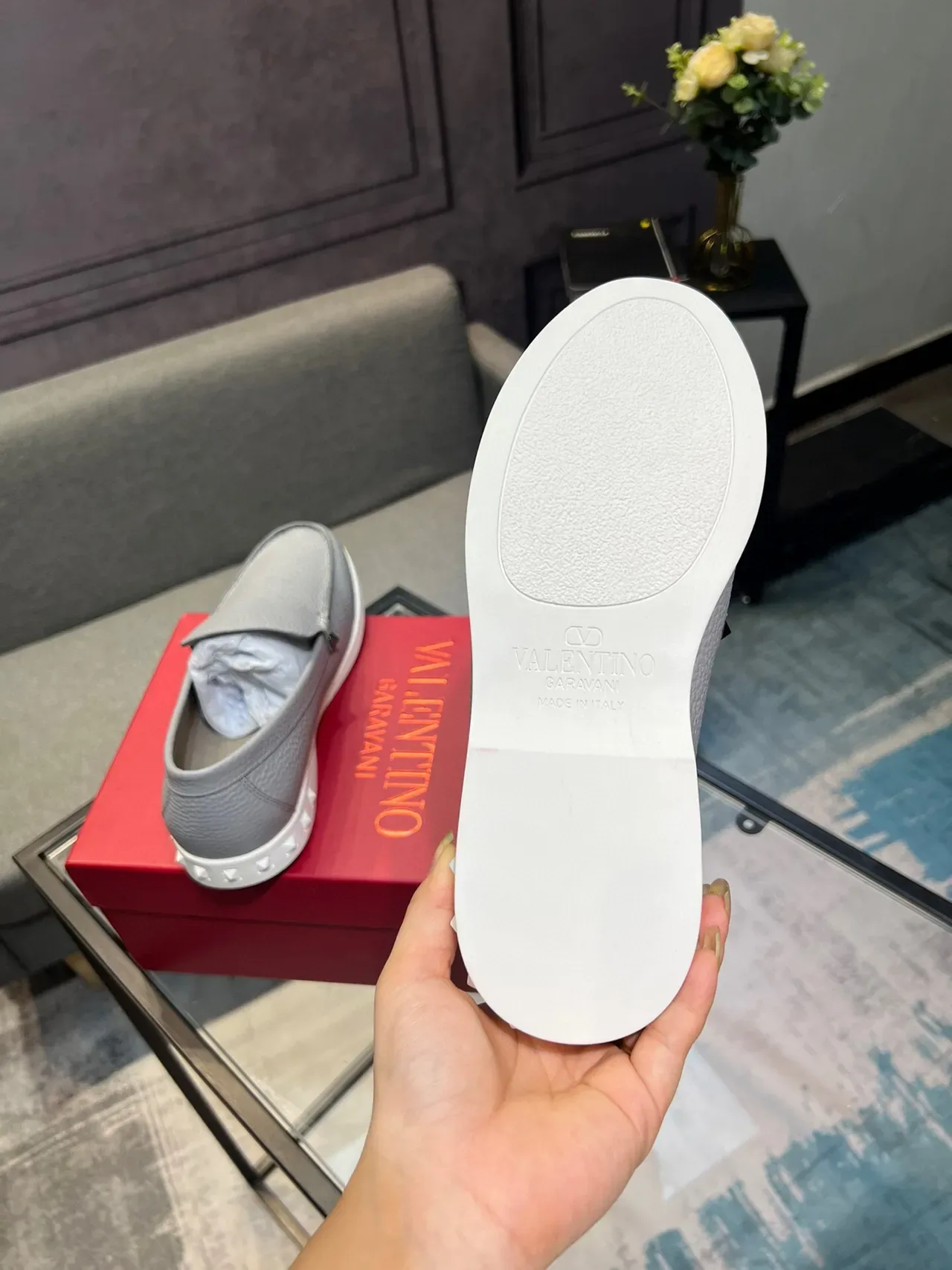 Valentino Rockstud Loafer Light Gray Pebbled Leather Slip-On Loafers 7