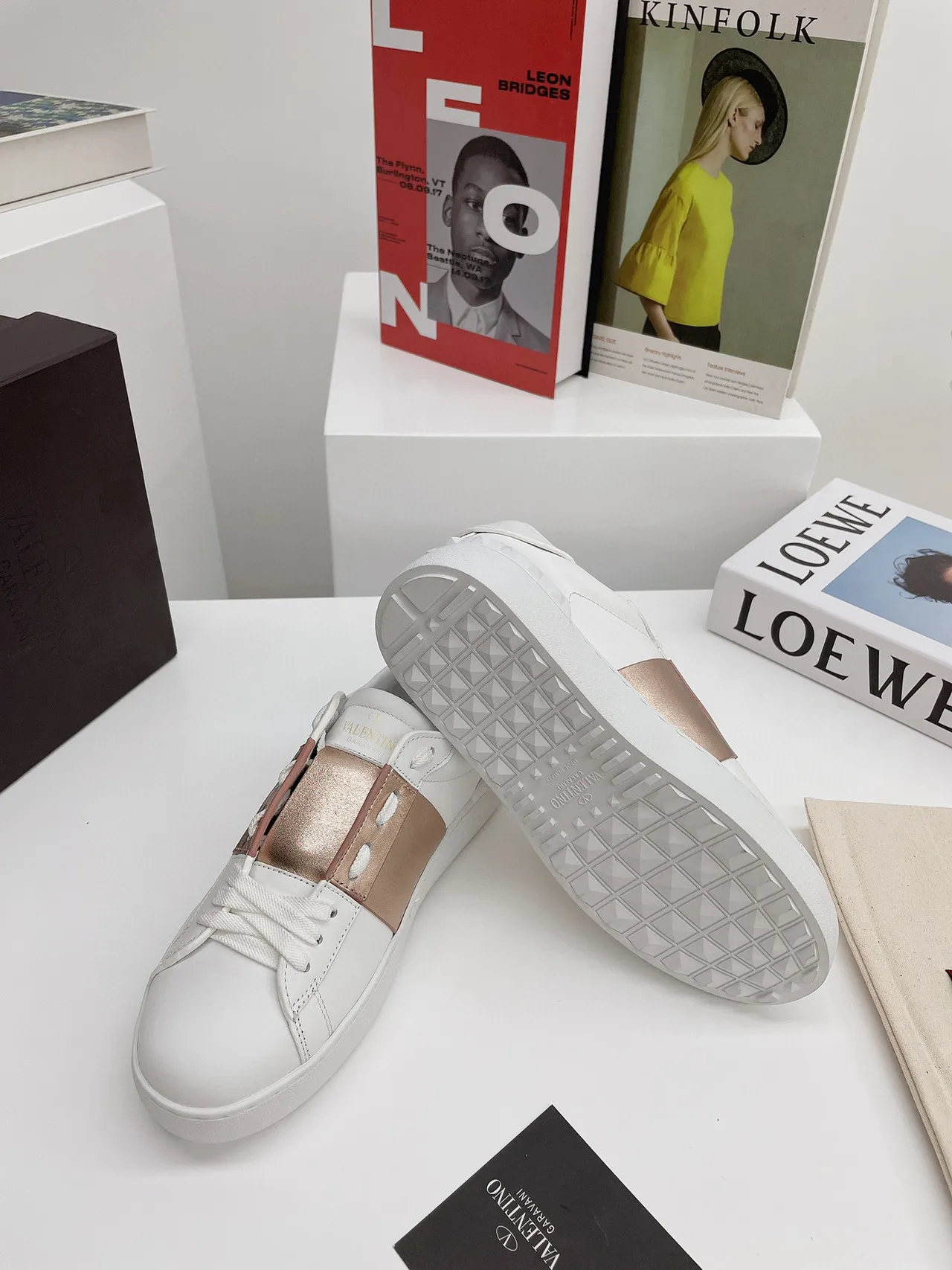 Valentino Rockstud White and Rose-Gold Metallic Strap Lifestyle Sneakers 3