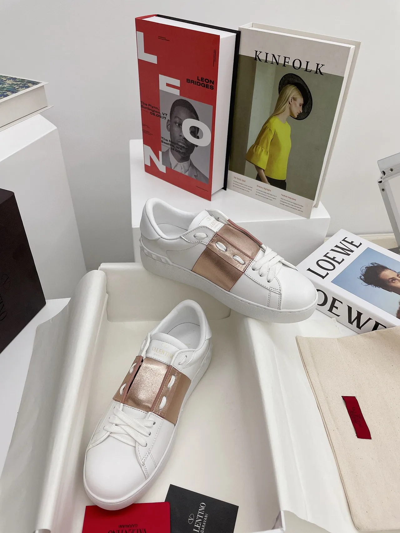 Valentino Rockstud White and Rose-Gold Metallic Strap Lifestyle Sneakers 5