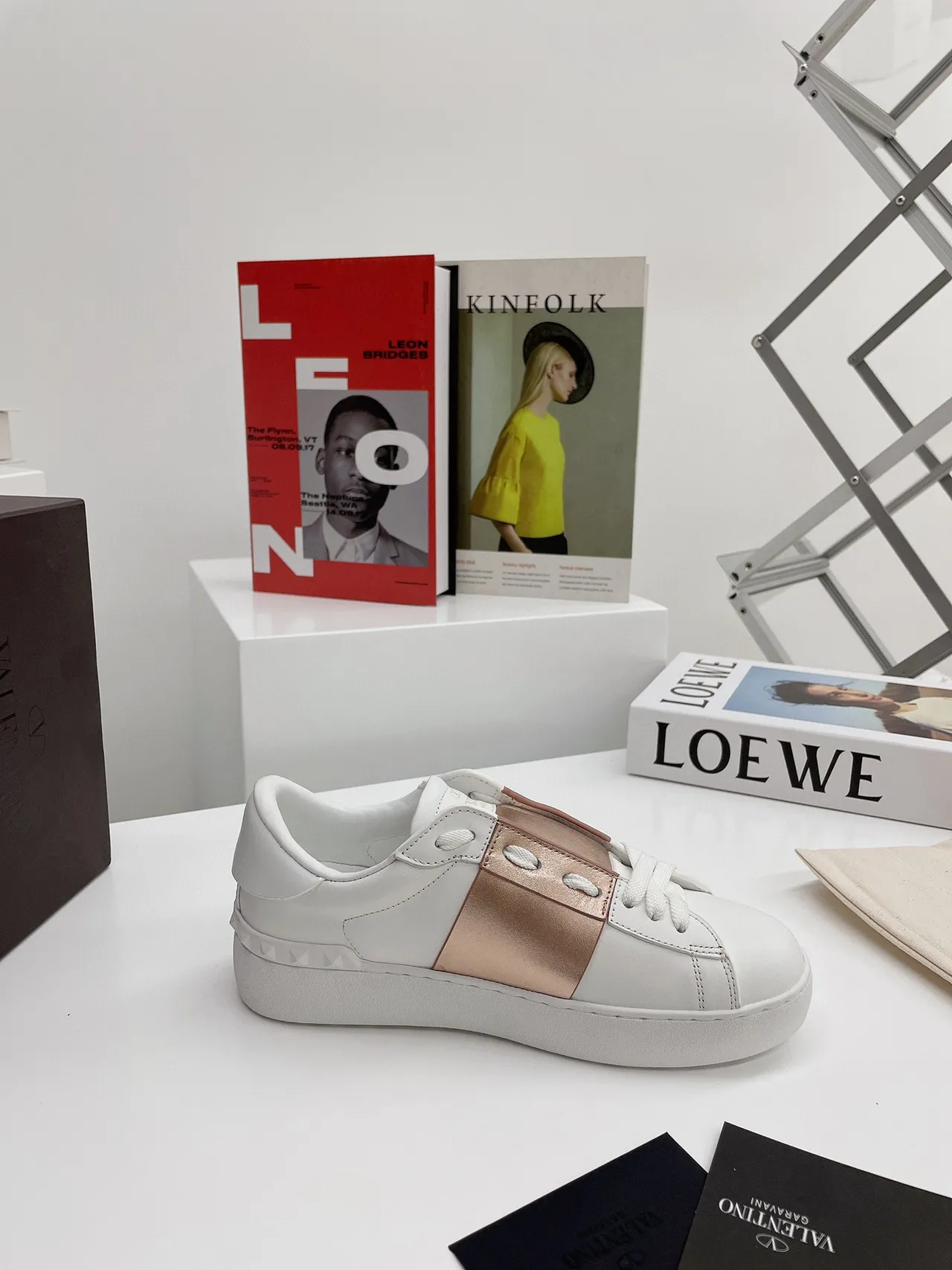 Valentino Rockstud White and Rose-Gold Metallic Strap Lifestyle Sneakers 6