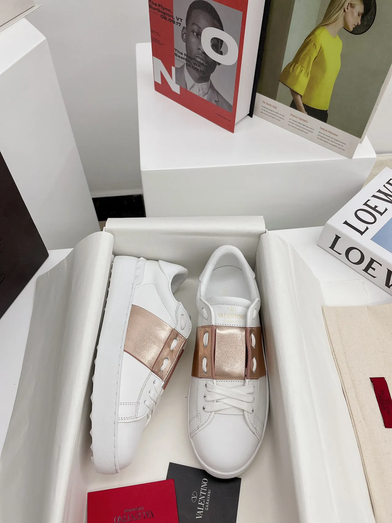 Valentino Rockstud White and Rose-Gold Metallic Strap Lifestyle Sneakers 7